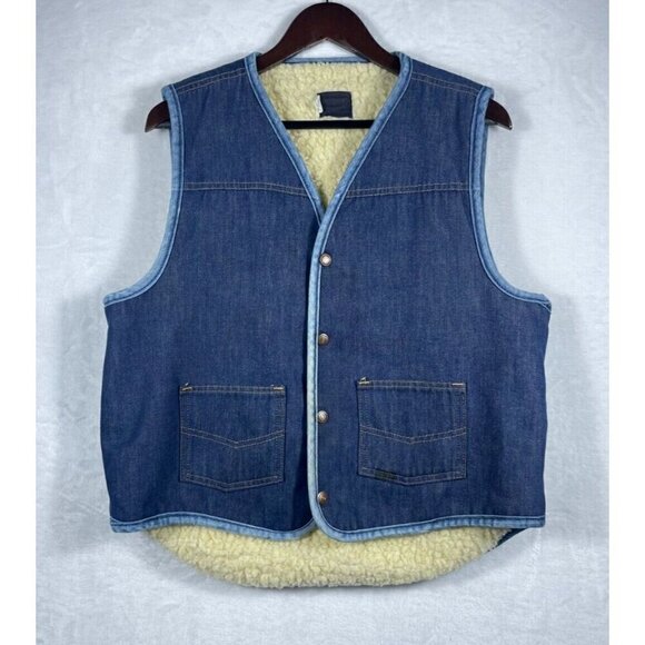 Vintage SEARS Roebucks Sherpa Denim Vest Size Large Jean Western MADE IN USA - Picture 1 of 10